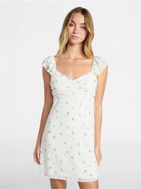 No Boundaries NWT White Mini Dress Blue Floral Print Ruffle Rushed Size Small
